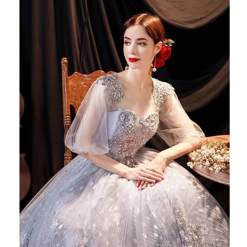 Quince Dress | Luxury Grey Half Sleeve Quinceanera Dresses A-line Lace Embroidery Quinceanera Dress Prom Vestidos De Quinceaneras Customized