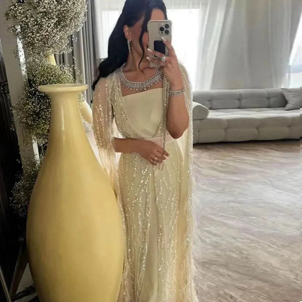 Luxury Dubai Feathers Light Yellow Evening Dresses with Cape Sleeves Arabic Purple Women Wedding Party Gowns SS420 Evening Dress