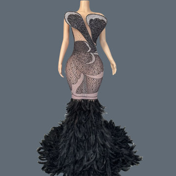 Luxury Women Feather Evening Dress Sparkly Sexy Prom Couture Rhinestone Birthday Party Ball Celebrate Photo Shoot Wear Mifeng