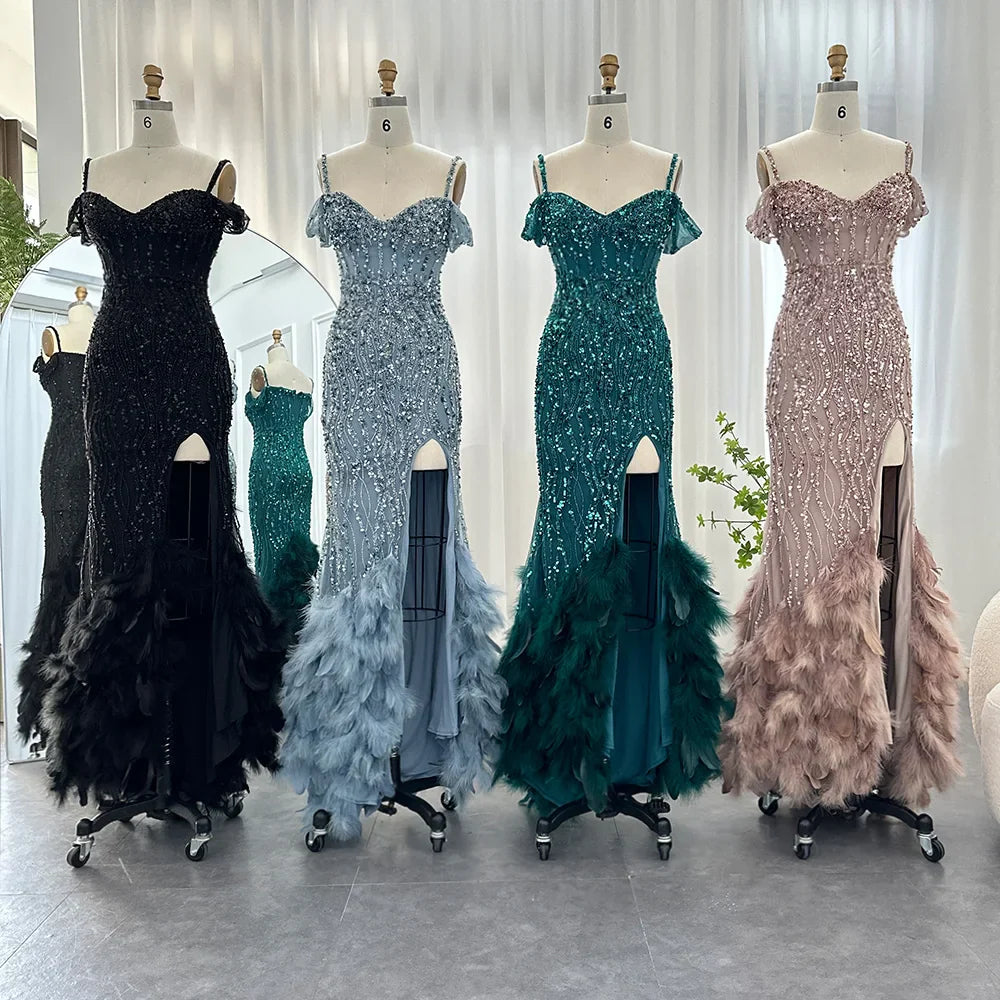 Luxury Pink Mermaid Feathers Prom Dresses Spaghetti Straps Green Black Blue Women Wedding Dress