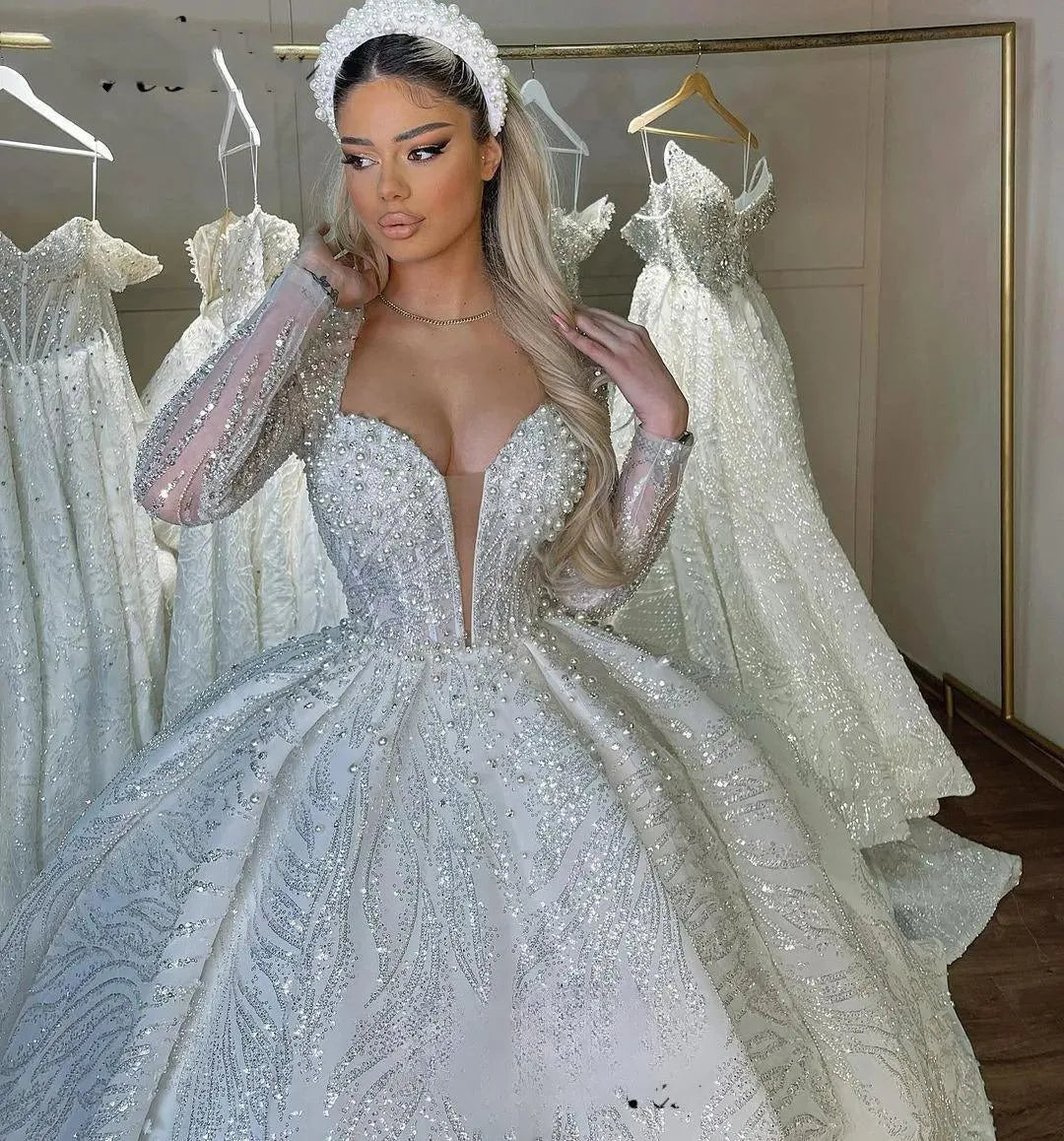 Princess Wedding Dresses For Women Long Sleeves Pearls Sequins Dubai Bridal Gowns Luxury Arabic Chapel Vestidos De Novia champagne