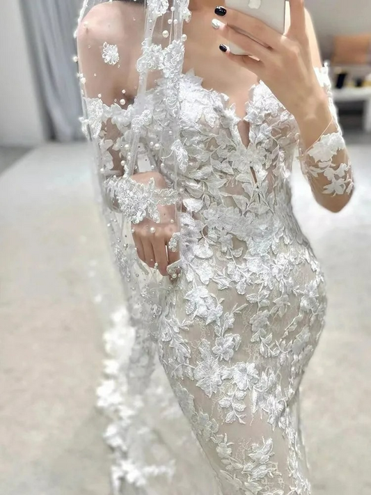 Bröllopsklänning för kvinnor Boho Robe Style Lång ärm rygglös sjöjungfru Lace Flowers Court Train Bride Vestido de Noiva