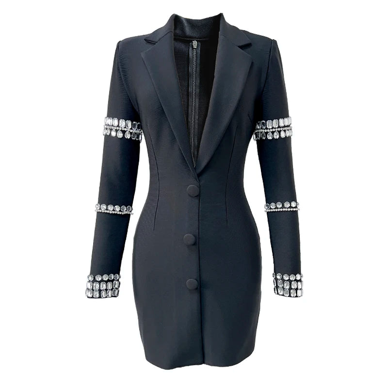 2025 New Fashion Black Color Women Long Sleeve Sexy V-Neck Bodycon Mini Bandage Dress Crystal Fashion Nightclub Party Outfit
