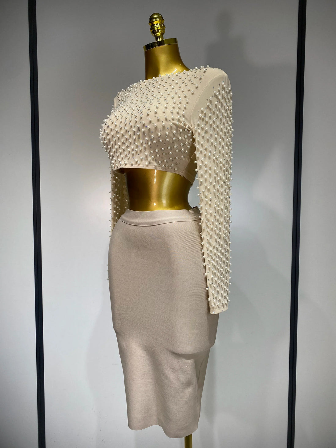 Women Sexy Long Sleeve Mesh Pearl Top Celebrity Midi Women Bandage Set  Designer Evening Party Luxury Birthday Two Piece Set