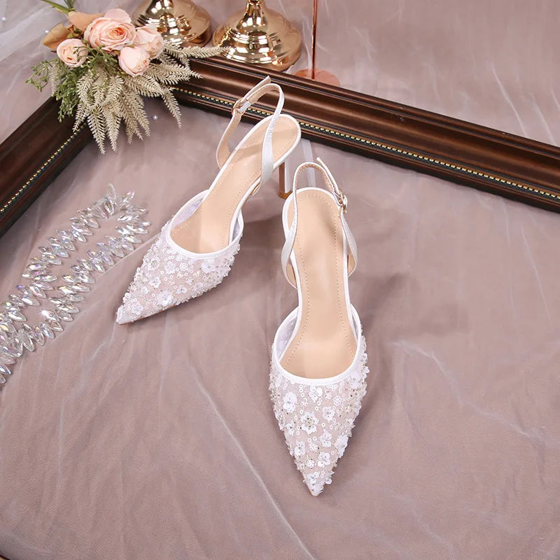 Fashion Sequined Lace Flowers Women Pumps Elegant Pointed toe Satin Wedding Thin High heels Summer Female Party Bridal Shoes