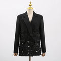 Solid Spliced Bead Luxurious Jackets for Women Lapel Long Sleeves Patchwork Single Breasted Jacket Female Clothing BLACK