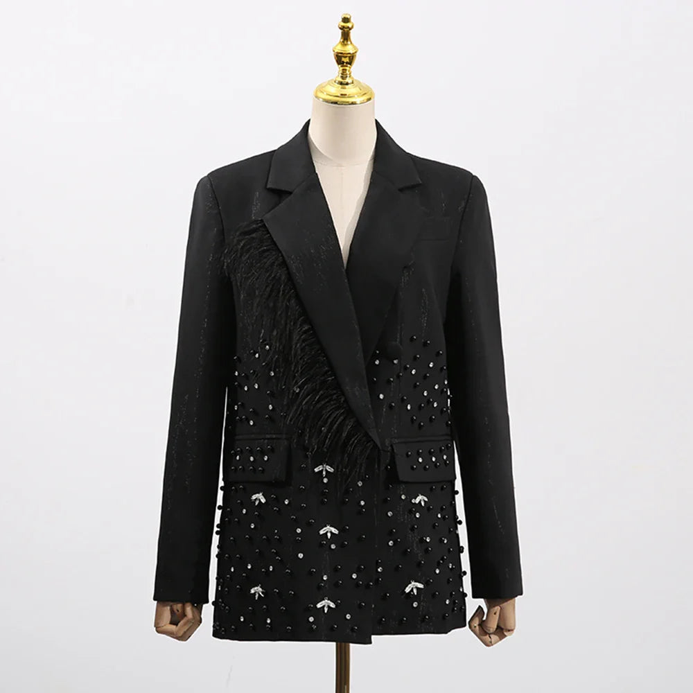 Solid Spliced Bead Luxurious Jackets for Women Lapel Long Sleeves Patchwork Single Breasted Jacket Female Clothing BLACK