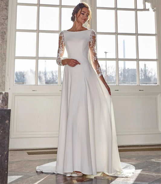 Semplice abito da sposa a maniche lunghe lunghezza del pavimento a-line robe de mariee customzie per abiti da sposa da donna appliqes in pizzo affascinanti