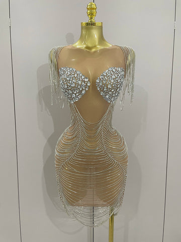 New Sparkly Diamonds Crystal Sexy Mesh See Through Mini Dress Women Birthday Party Club Celebrate Stage Performance Costume