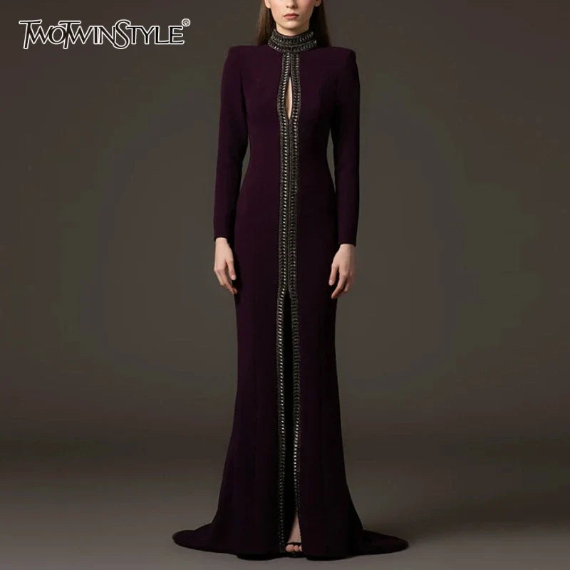 TWOTWINSTYLE Solid Hollow Out Spliced Bead Dresses for Women High Neck Long Sleeves Patchwork Split Elegant Dress Female Clothes