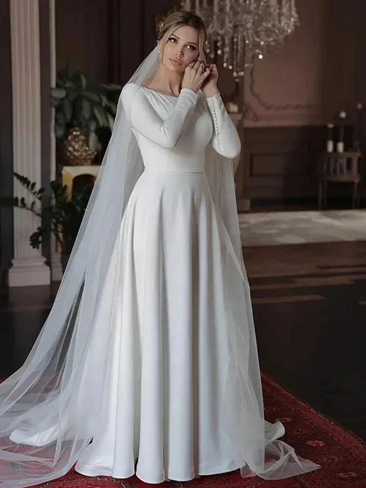 Princess Wedding Dresses Satin Long Sleeve Buttons Wedding Bride Dresses Muslim Wedding Gown Covered Back Vestido de novia Satin