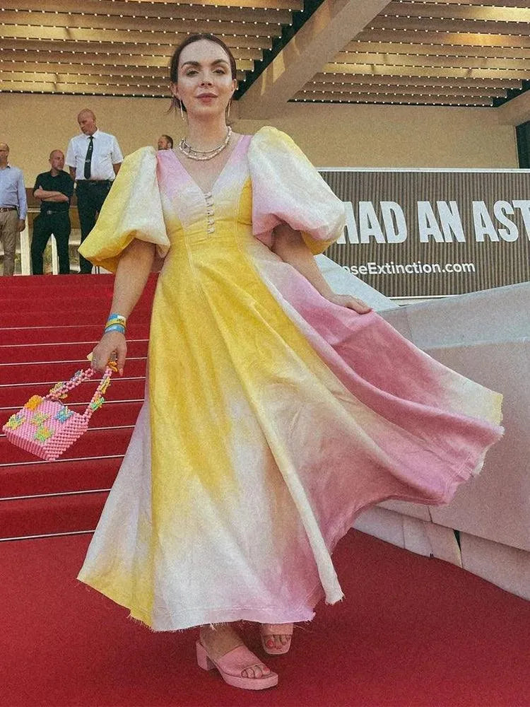 Rainbow Backless Evening Dress Women Hollow Out V-neck Short Puff Sleeve A-line Dresses Female High Waist Winter Lady Robe