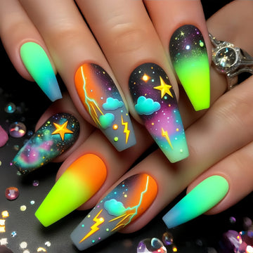 24pcs Starry Sky Lightning Pattern Press on Nails Gradient Green False Nails Wearable Reusable European Long Square Fake Nails