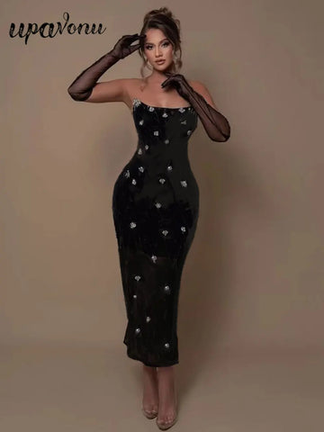 2025 Women'S Light Luxury Nail Bead Chiffon Dress Strapless Sleeveless Glove Design Bodycon Backless Black Long Dresses Vestidos