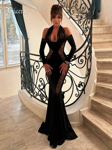 VC Black Mesh Patchwork Halter Long Dress For Women Long Sleeves Lace Embroidery Mermaid Bodycon Party Evening Gown