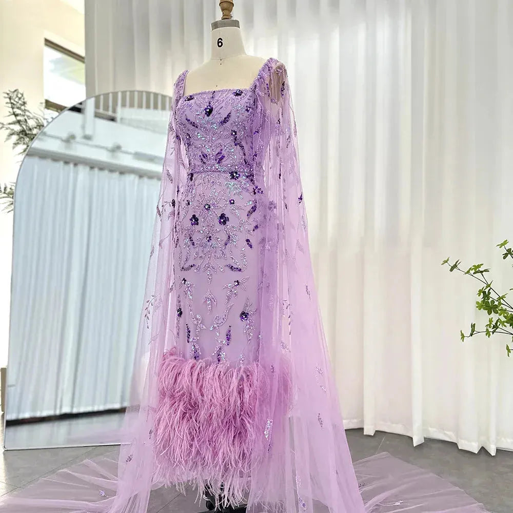 Dubai Luxury Feathers Lilac Evening Dress with Cape Sleeves Ankle Length Midi Arabic Women Wedding Party Gowns Evening Dress