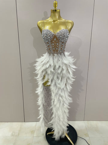 Luxury Sparkle Rhinestone White Feather Sexy Mesh Long Dress Women Evening Party Birthday Performance Photoshoot Costume