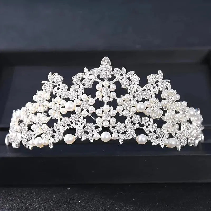 Pearl Crystal Leaf Tiaras And Crowns Silver Color Rhinestone Prom Diadems Wedding Bride Hair Accessories Party Headpiece Women Silver