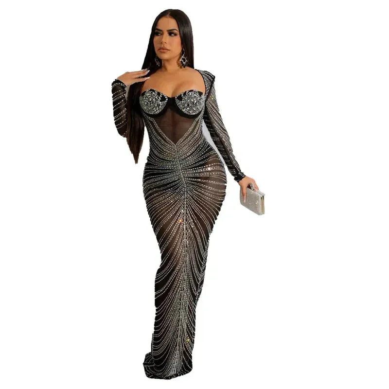 Gorgeous Open Back Sequin Maxi Dress Luxury Woman Crystal Party Dress Night Out Robes Christmas Outfits Sexy Clubwear black