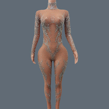 Luxurious Sparkly Crystals Skinny Sheer Mesh Jumpsuit for Women Birthday Party Female Singer Show Stage High-end Sexy Jumpsuit