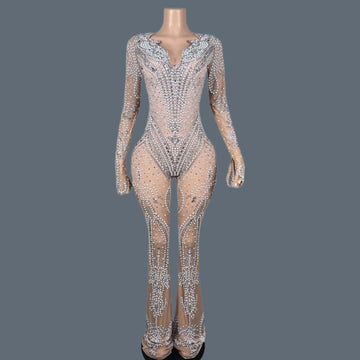 High-quality Pearls Rhinestones Mesh Bell-bottoms Lady Party Celebrate Birthday Stage Wear Luxurious Sexy Jumpsuit Shuangjiang