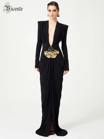 VC Black Deep V Plunge Long Dress Bead Sequins Butterfly Details Long Sleeves Slim High Slit Pleated Bodycon Party Evening Gowns