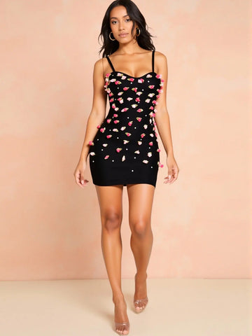 Women Sleeveless Sexy Strap Square Collar Florals Bodycon Mini Bandage Dress Celebrate Nightclub Party Outfit
