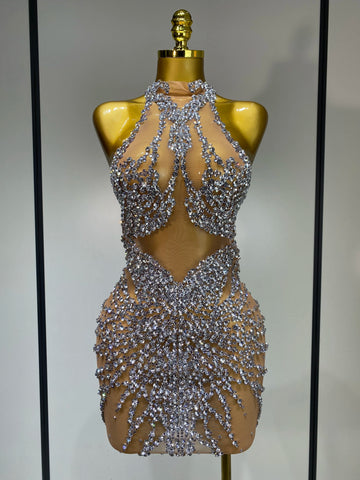 Luxury Rhinestones Mesh Transparent Prom Mini Dress Shinny Women Birthday Celebrate Party Prom Nightclub Outfit Stage Costume