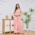 Long Dress For Prom V-neck Beaded Spring Muslim Gold Stamped Fashion Robe With Belt Pink Dress Dubai Arab Women Clothing
