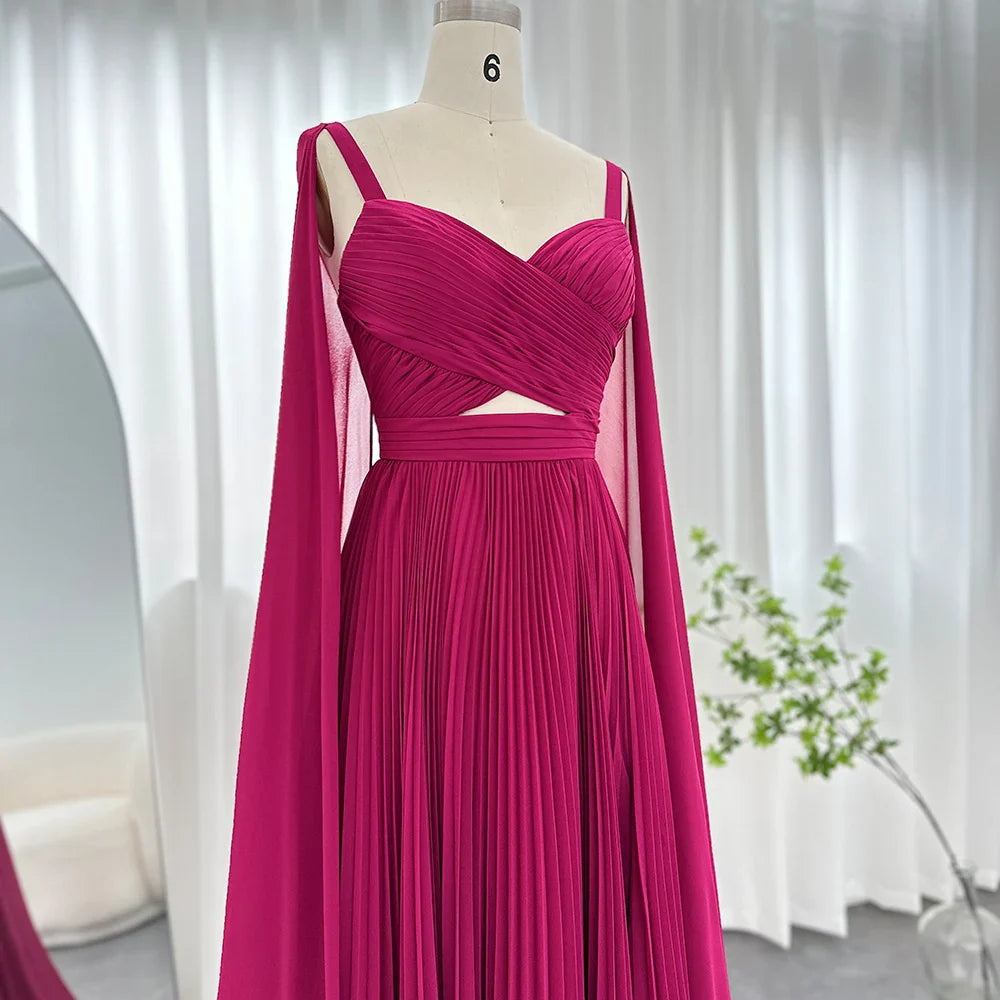 Fuchsia Chiffon Dubai Evening Dresses with Cape Sleeves Elegant Yellow Women Wedding Party Formal Gowns