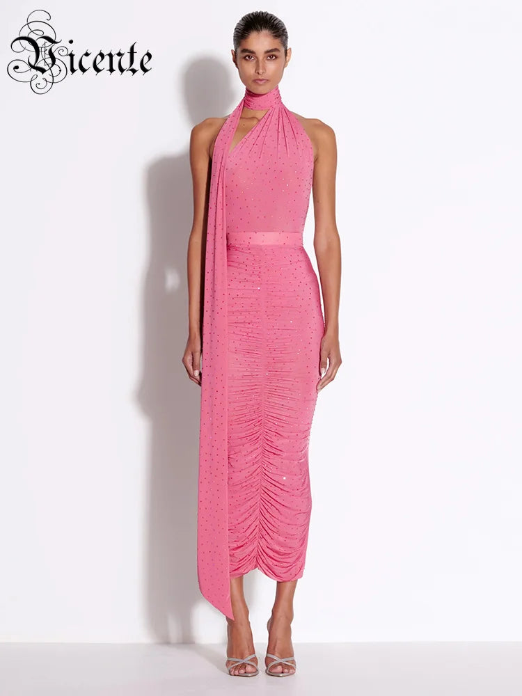 VC Elegant Sleeveless Halter Ribbon Ruched Details Backless Body Suit With Beaded Maxi Long Skirt Two Pieces Set Casual Wearing