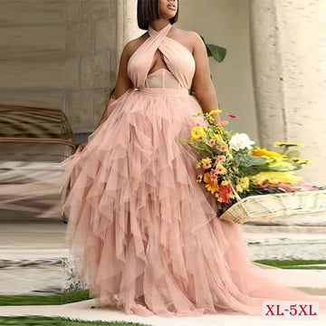 Strapless Ruffled Mesh Evening Dresses for Women, Elegant Party Dress, Female Prom Ball Gown, Sexy Lady, Plus Size