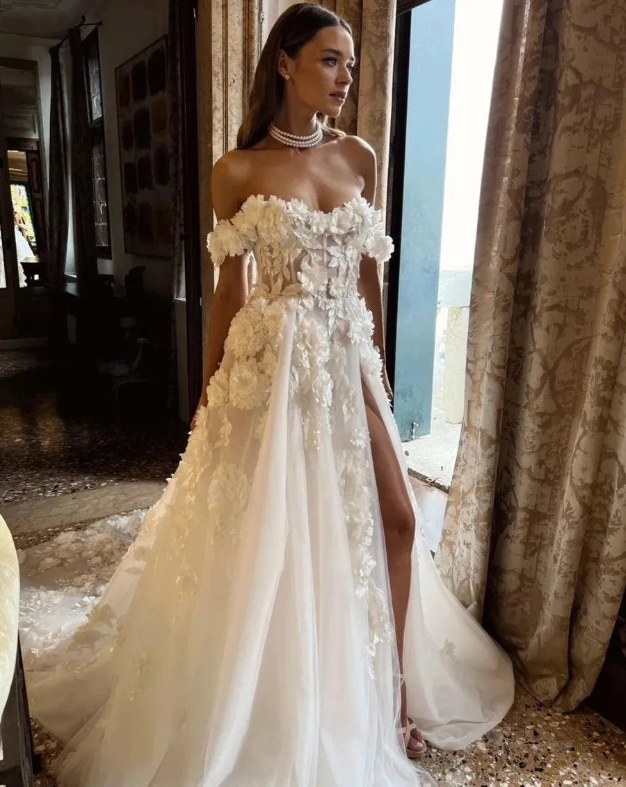 Lace Applique Wedding Dresses A-Line Sexy Mermaid Off The Shoulder Sleeveless High Slit Simple Mopping Bride Gowns Custom Made Mermaid