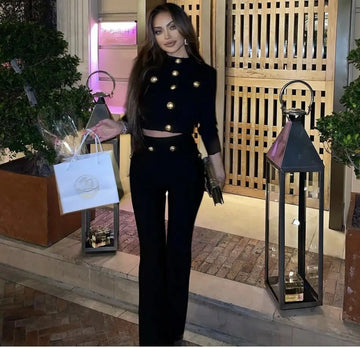 Bandage Expose Waist Woman Set Fashion Golden Buttons Short Coat Top And Flare Pants 2 Pieces High Street Wear