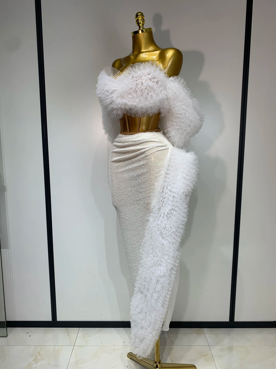 Women Elegant Sparkly Sequins Top Long Skirt Two Pieces Set Evening Party Luxury Birthday Nightclub Singer Dancer Stage Outfit