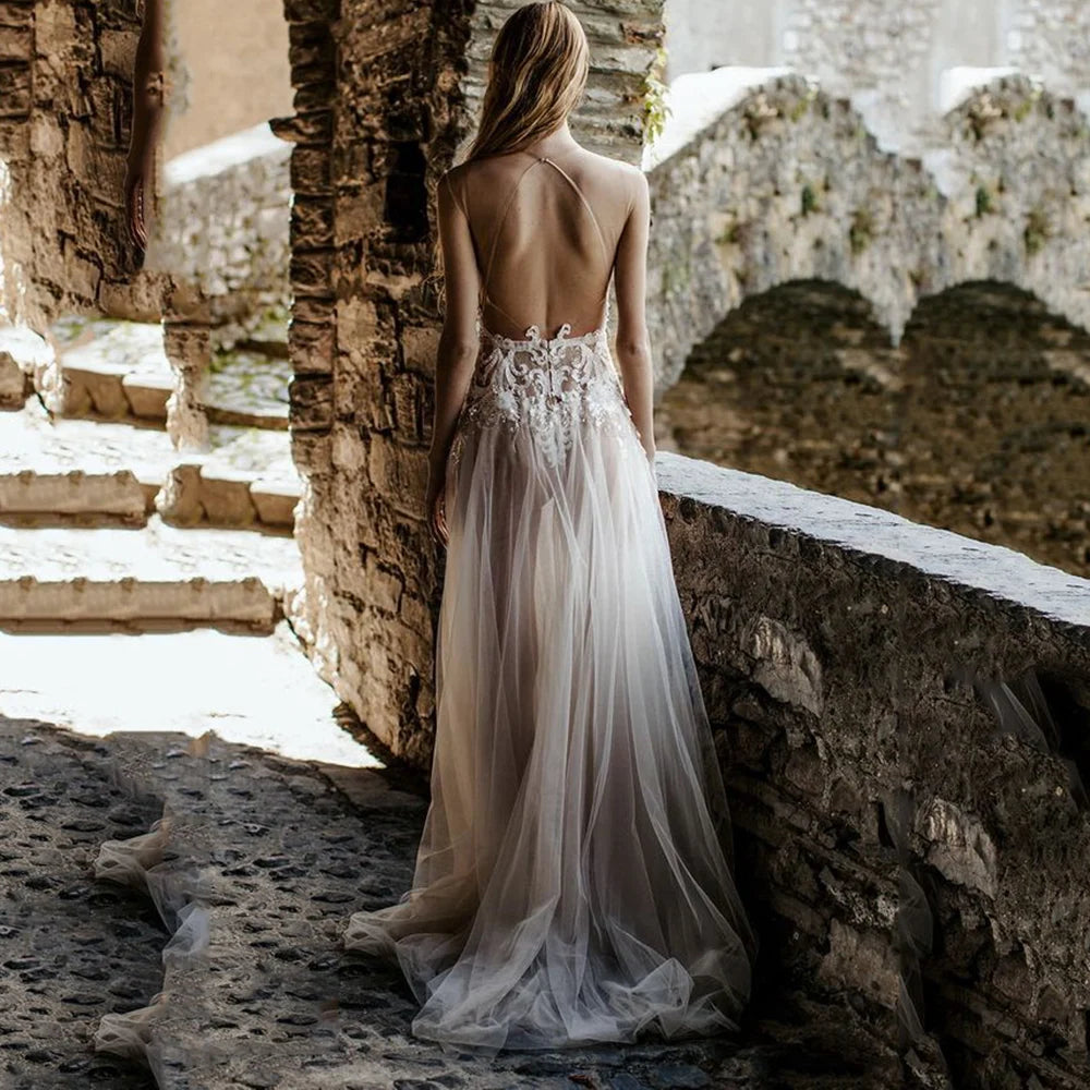 Sexy See Through Wedding Dress Scoop Neck Sleeveless Backless Bridal G