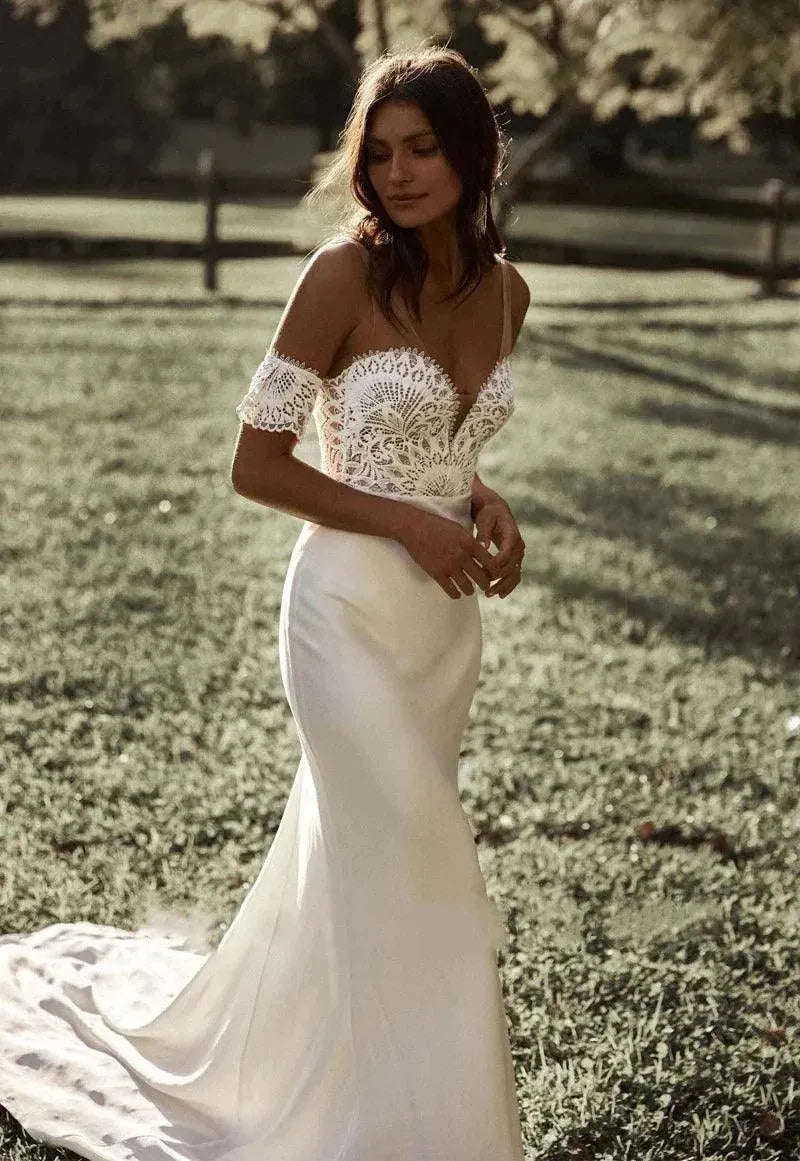 Sweetheart Wedding Dresses Top Lace Appliques Detachable Sleeves Mermaid Boho Bridal Gowns A-Line Backless Vestido De Noiva 14W Boho Mermaid