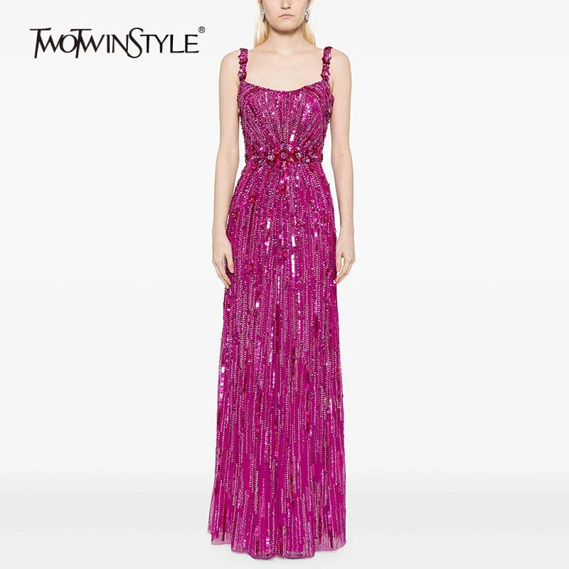 TWOTWINSTYLE Slimming Spliced Sequins Luxurious Dresses for Women Square Neck Sleeveless Patchwork Bead Elegant Dress Female New