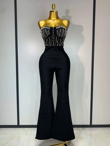 Women Sexy Black Sleeveless Backless Pearls Beaded StraplessBeading Bodycon Bandage Jumpsuit Evening Party Birthday Club Outfit