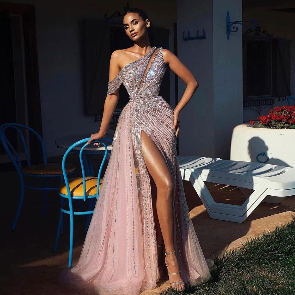 Luxury Rose Pink One Shoulder Mermaid Evening Dresses for Women Wedding Party High Slit Long Prom Formal Gowns