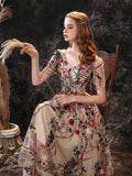 Customized Floral Fancy Tea Length Evening Dresses with Short Sleeves Sexy V Neck Embroidery Flower Prom Gown