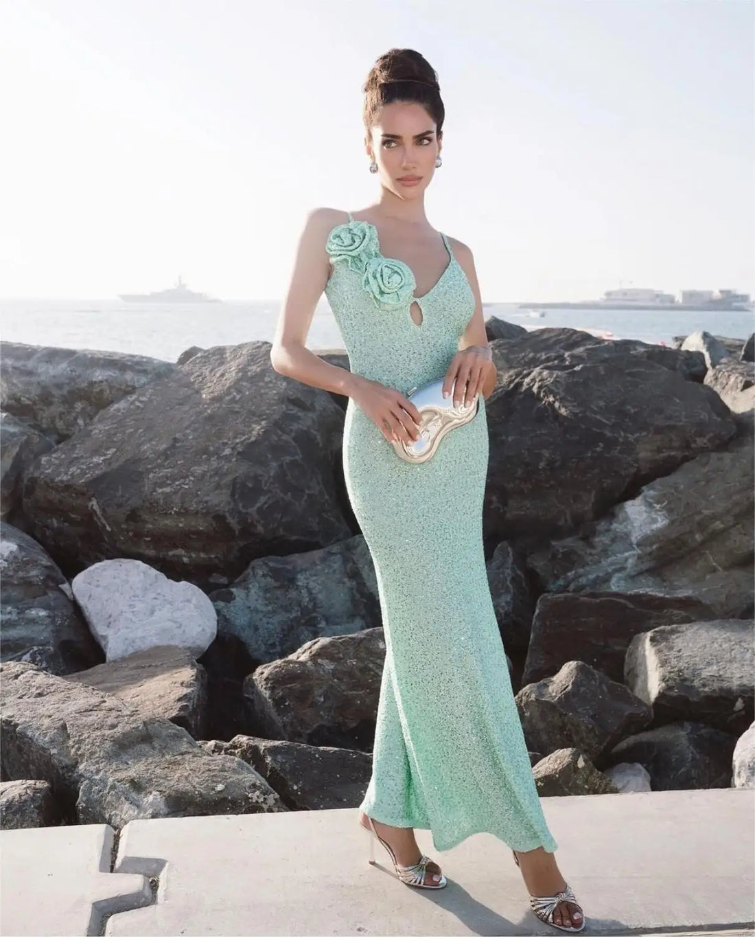 2024 Summer Mint Green Sequins Spaghetti Strap Ankle Length Dress Graceful Woman Evening Party Dress Holiday Vocation Outfit