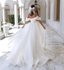 Elegante schulterfreie Organza-Brautkleider mit kurzen Ärmeln Boho-Prinzessin-Brautkleider A-Linie Schlichte Strand-Vestidos Novia 