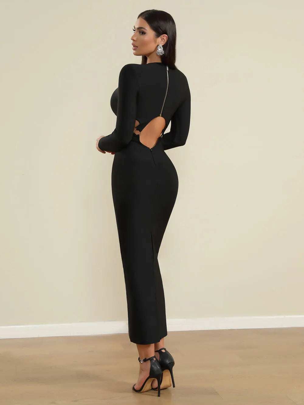 2025 Spring Women's Open Waist Design Black Bandage Dresses O-Neck Long Sleeve Bodycon Long Dress Evening Club Party Vestidos