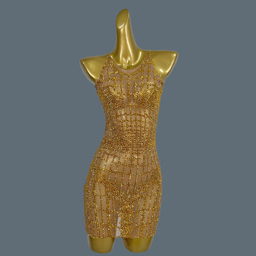 Sexy Gold Diamonds Party Dress Women Short Dress Birthday Party Nightclub Carnival Mini Gowns DJ Dance Stage Show Costume Qipan