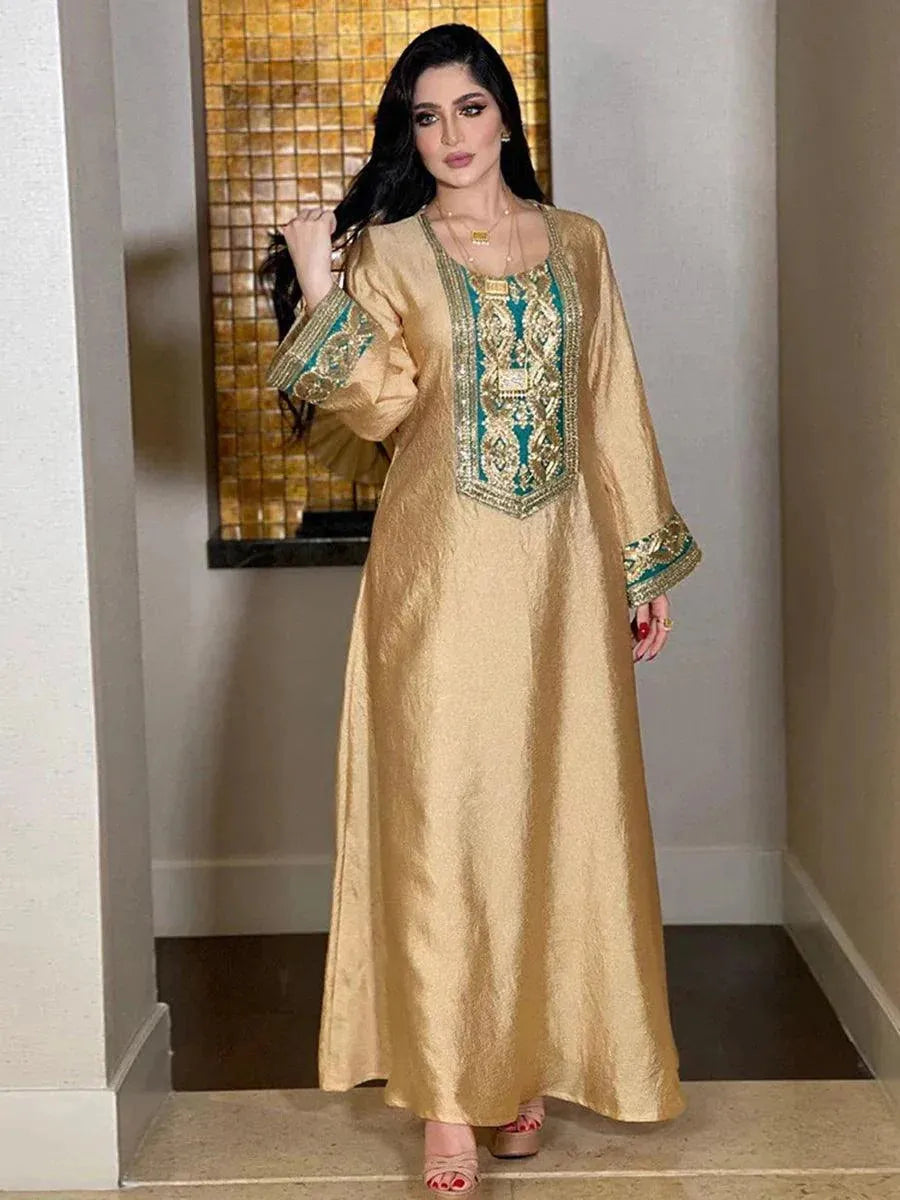 Fashion Solid Sequins Embroidery Abaya African Turkish Women Kaftan Clothing Jalabiyat Long Sleeve O-Neck Party Dress