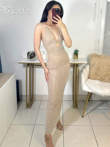 VC Luxury Sparkle Crystal Straps V-Neck Hollow Out Bodycon Rhinestone Party Dresses Birthday Evening Prom Maxi Dress