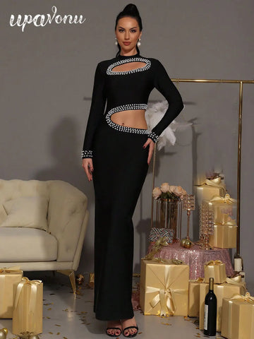 2025 Sexy Women's Pearl Nail Bead Design Bandage Long Dress Stand Collar Long Sleeve Bodycon Hollow Dress Cocktail Banquet Dress