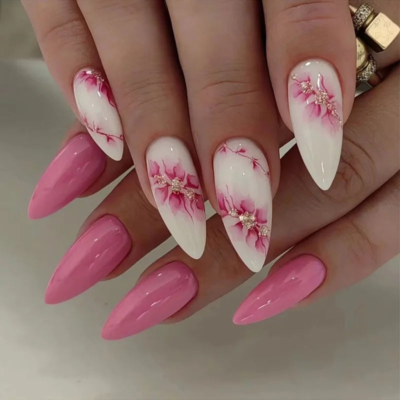 24pcs Red Flower Design Stick on Nail Art French Oval Fake Nail Finished Short Almond False Nails Datachable Press on Nails Tips