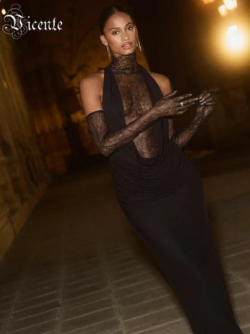 VC Glamorous Black Halter Dress with Lace Details Gloves for Fashion Events Party Evening Gown